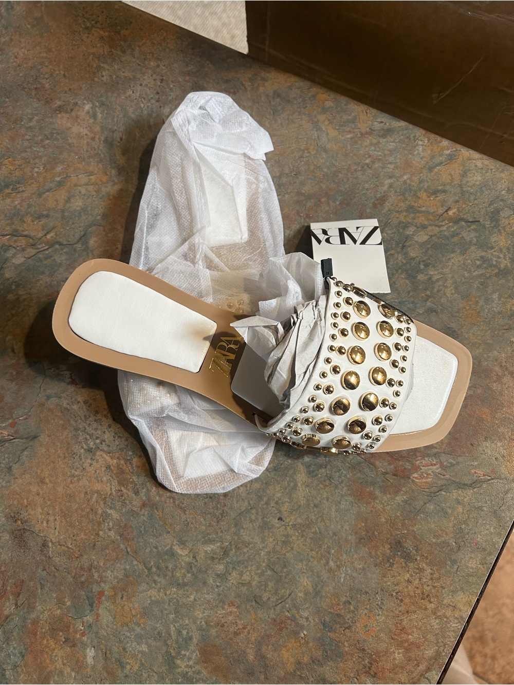 Zara White Slide Sandals with Gold Stud Detailing
